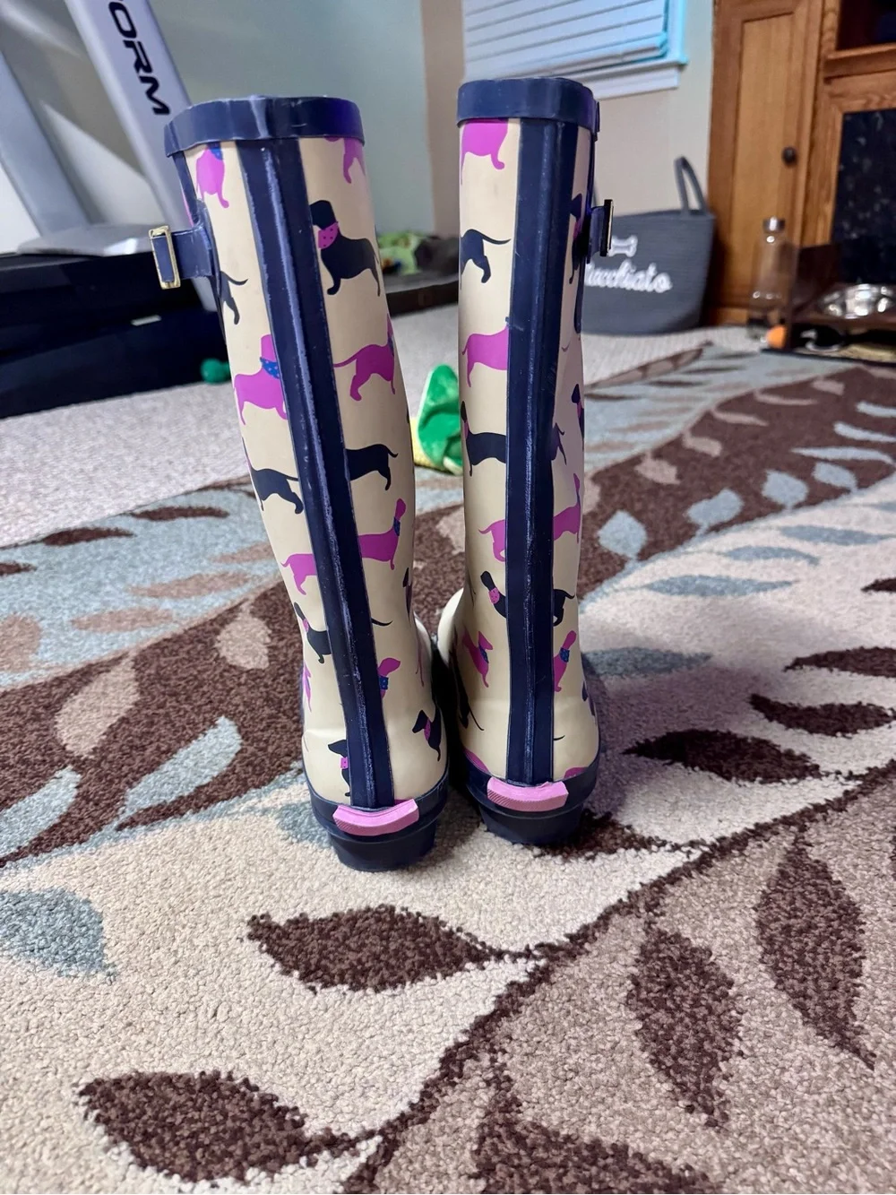 Dachshund Dog Print Rain Boots Womens 10 Cream Pink Rubber Wellington